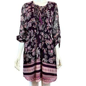 Daniel Rainn Women Floral Sheath Midi Dress Pleated Front Tie Purple Black Small